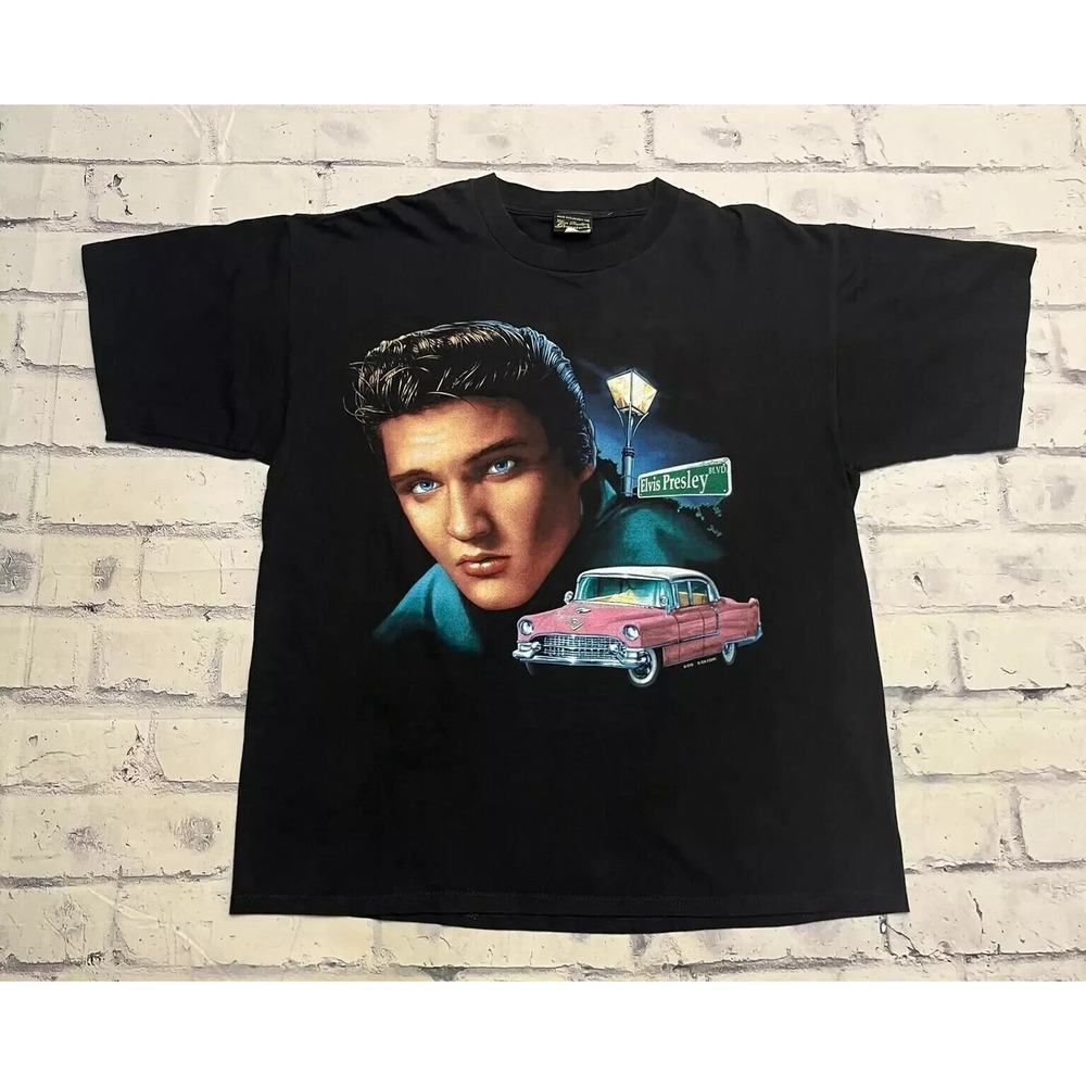 Elvis Presley Shirt XL Black Vintage King Of Rock & Roll Band Tee Pink Cadillac